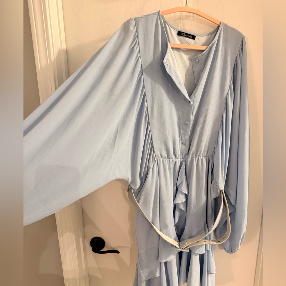Simplee Plus-Sized Light Blue Ruffled Belted Dress - Picture 2 of 6